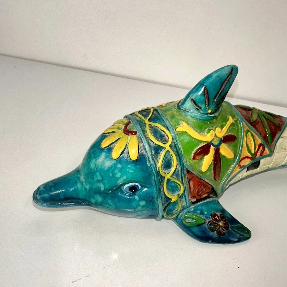 DOLPHIN MEXICAN FOLK Art Ceramic Figure Boho Y2K Decor Colorful 8